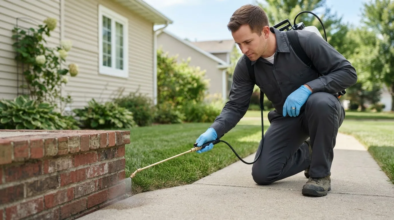 Pest control technician treating a home near Newton Center, MA