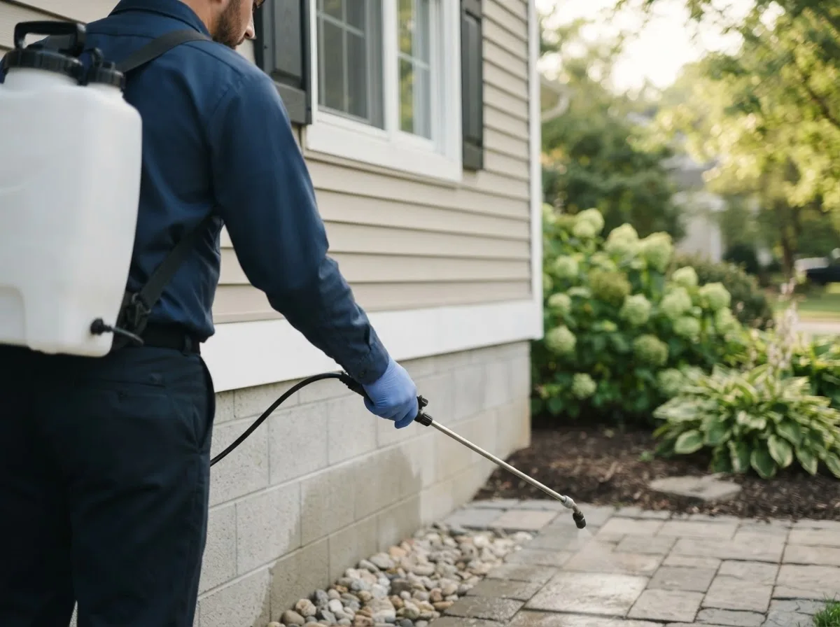 Pest control technician inspecting a home in Newton Center, MA